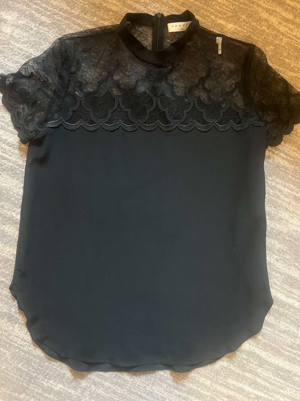Sandro Black Lace-Trim Short Sleeve Blouse
